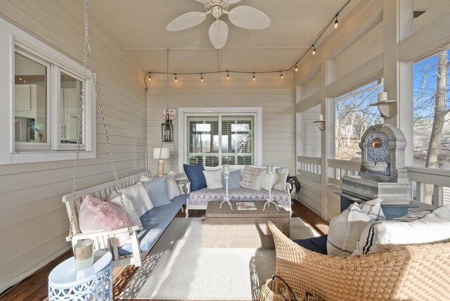 1066 Edinborough Ct, Lake Geneva, WI 53147 - sunroom with rail lighting, an outdoor living space, and ceiling fan