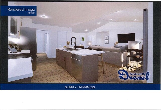 LOT3CSM7857 Hall St, Ripon, WI 54971 - kitchen featuring vaulted ceiling, a kitchen island with sink, a sink, light wood finished floors, and a breakfast bar area