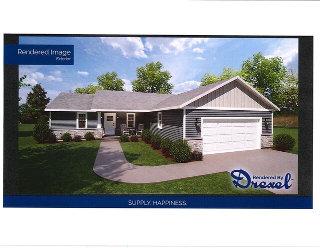 LOT3CSM7857 Hall St, Ripon, WI 54971 - view of front of home featuring a garage, driveway, stone siding, and a front lawn