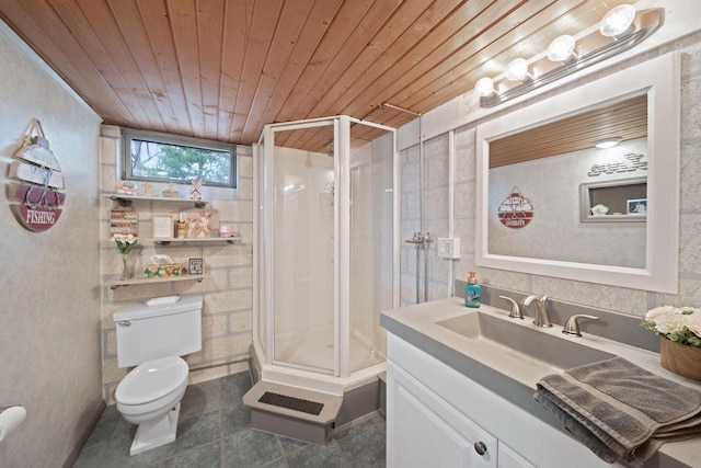 30847 Sun Ct, Burlington, WI 53105 - bathroom featuring toilet, tile patterned flooring, wooden ceiling, and a shower stall