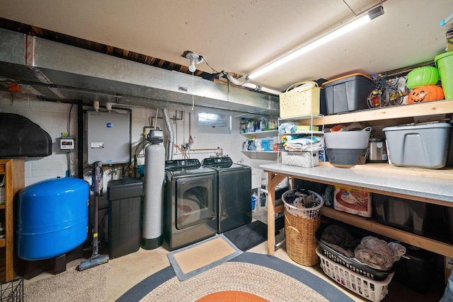 30847 Sun Ct, Burlington, WI 53105 - clothes washing area with concrete block wall, laundry area, and washing machine and dryer