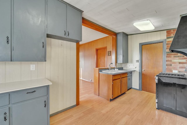 12606 234th Ave, Trevor, WI 53179 - kitchen featuring a sink, light countertops, wooden walls, stove, and light wood-style flooring
