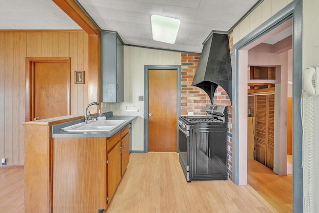 12606 234th Ave, Trevor, WI 53179 - kitchen with range hood, wood walls, gas stove, a sink, and light wood finished floors