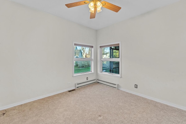 12606 234th Ave, Trevor, WI 53179 - carpeted empty room featuring visible vents, baseboards, a ceiling fan, and baseboard heating