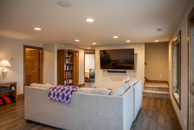 W5677 N Stone Gate Dr, New Lisbon, WI 53950 - living room with baseboards, dark wood finished floors, stairway, and recessed lighting