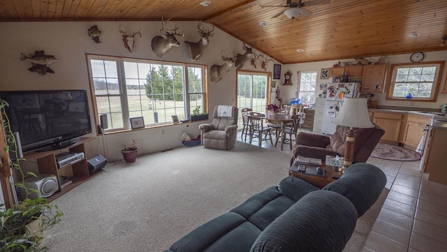 N302 24th Ave, Neshkoro, WI 54960 - living area featuring wooden ceiling, lofted ceiling, light tile patterned floors, light colored carpet, and ceiling fan