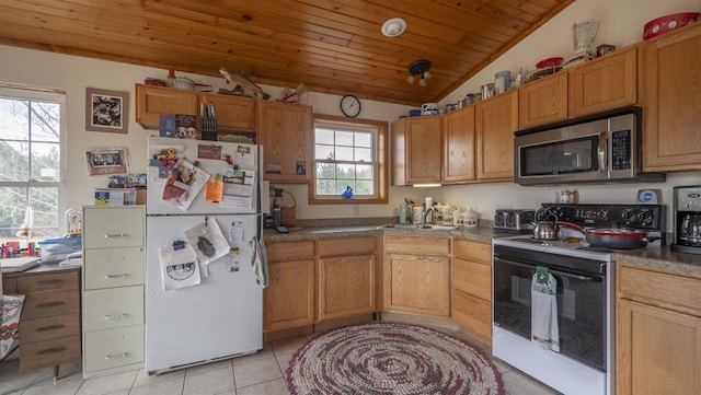 N302 24th Ave, Neshkoro, WI 54960 - kitchen featuring freestanding refrigerator, range with electric cooktop, stainless steel microwave, a sink, and light tile patterned floors