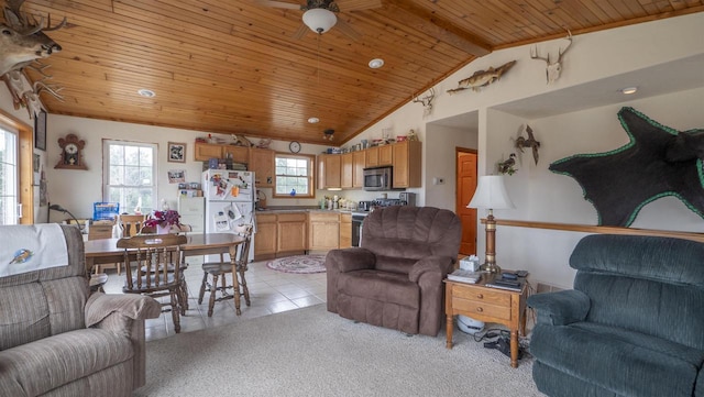 N302 24th Ave, Neshkoro, WI 54960 - living room with wooden ceiling, ceiling fan, light carpet, and light tile patterned floors
