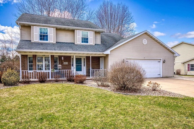 101 Brookview Pl, Combined Locks, WI 54113 - traditional-style house with driveway, a garage, a porch, a front lawn, and roof with shingles