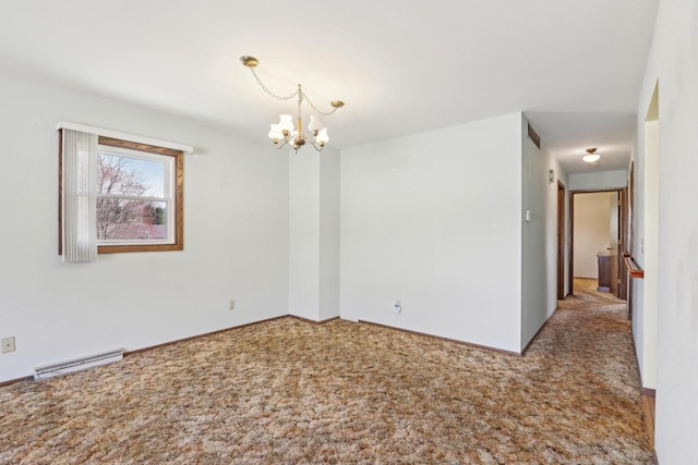 unfurnished room featuring visible vents, an inviting chandelier, and carpet flooring