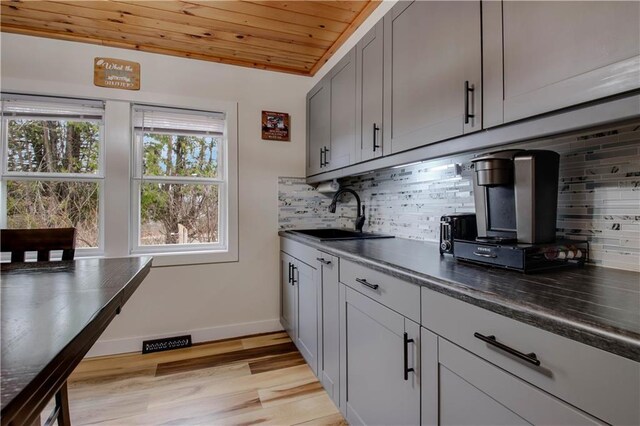 2984 Weirgor Rd, Exeland, WI 54835 - kitchen with a sink, light wood-type flooring, dark countertops, baseboards, and wood ceiling