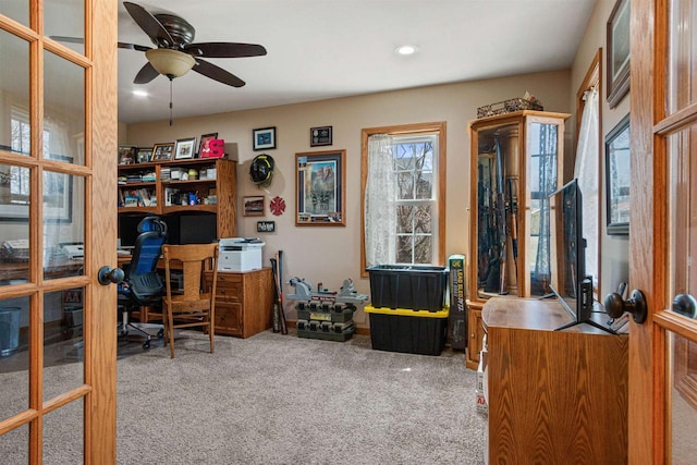 office area with recessed lighting, a ceiling fan, french doors, and carpet