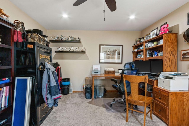 carpeted office featuring a ceiling fan and recessed lighting
