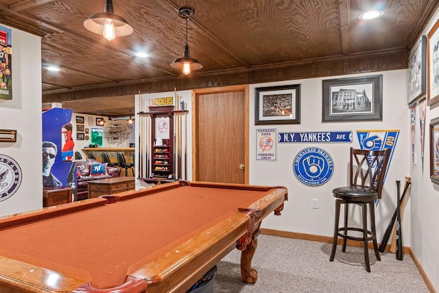 recreation room with wood ceiling, carpet floors, recessed lighting, and baseboards