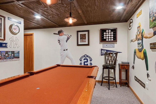 game room featuring crown molding, billiards, baseboards, carpet flooring, and recessed lighting