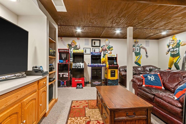 living room with recessed lighting and carpet floors