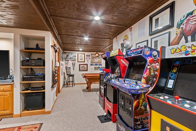 game room with wood ceiling, baseboards, carpet flooring, and billiards