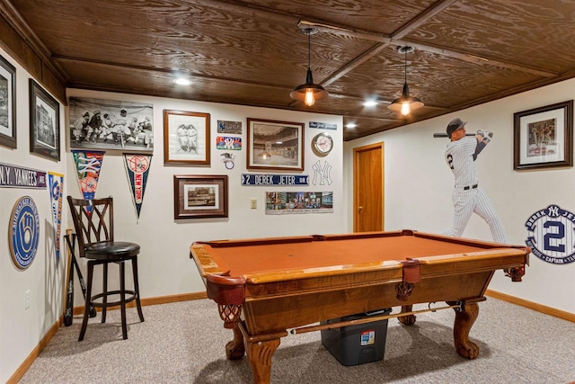playroom featuring baseboards, carpet flooring, and billiards