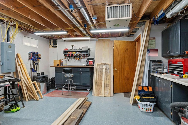 unfinished below grade area featuring a workshop area and electric panel