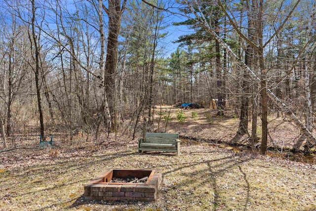 view of yard with a fire pit