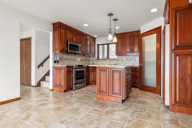 2151 Sunrise Dr, Appleton, WI 54914 - kitchen featuring stainless steel appliances, baseboards, backsplash, stone finish floor, and decorative light fixtures