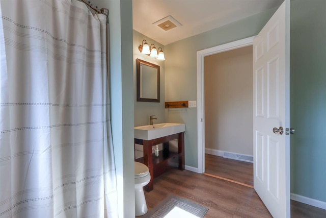 317 Darby Ct, Nekoosa, WI 54457 - bathroom featuring toilet, baseboards, wood finished floors, a shower with shower curtain, and vanity