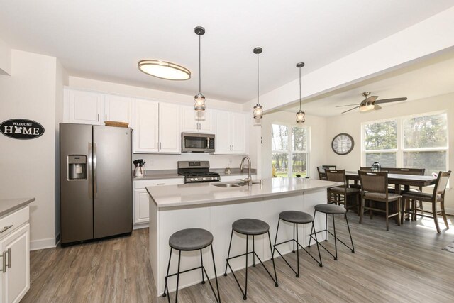 430 Ashley Dr, Williams Bay, WI 53191 - kitchen with light wood finished floors, stainless steel appliances, a breakfast bar, a sink, and white cabinetry
