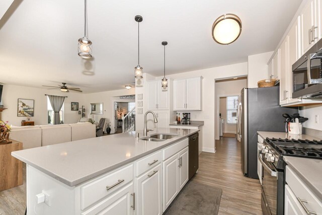 430 Ashley Dr, Williams Bay, WI 53191 - kitchen featuring stainless steel appliances, a ceiling fan, a sink, light wood-style flooring, and open floor plan