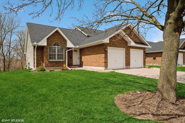 110 W St Unit 1, Lake Geneva, WI 53147 - single story home with roof with shingles, a front lawn, concrete driveway, a garage, and brick siding