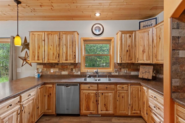 1686 Archer Ave, Nekoosa, WI 54457 - kitchen featuring stainless steel dishwasher, a sink, wooden ceiling, dark countertops, and backsplash