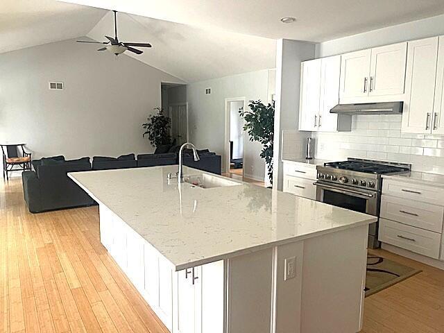 kitchen with a sink, stainless steel range, visible vents, ceiling fan, and under cabinet range hood