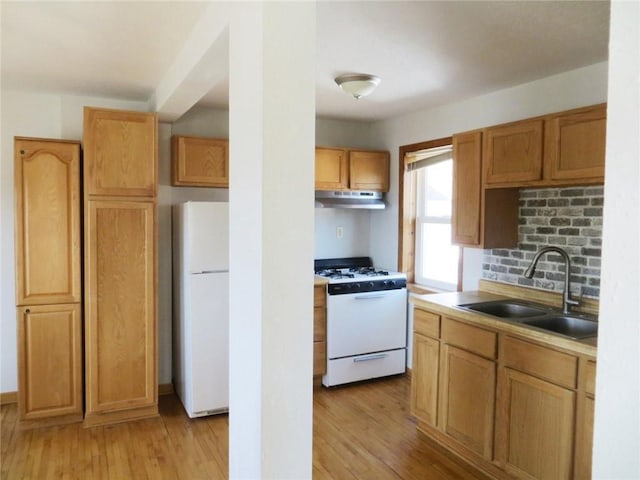 kitchen with light wood-style flooring, a sink, white appliances, light countertops, and under cabinet range hood