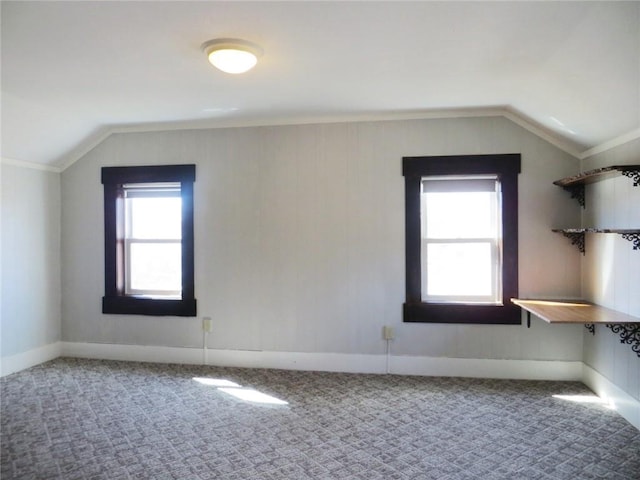 additional living space featuring baseboards, lofted ceiling, and carpet