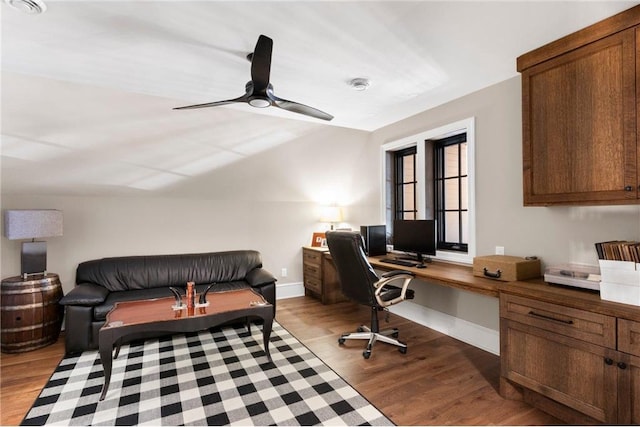 1211 172nd Ave, Balsam Lake, WI 54810 - home office featuring wood finished floors, a ceiling fan, lofted ceiling, and built in study area
