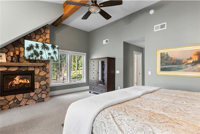 1211 172nd Ave, Balsam Lake, WI 54810 - carpeted bedroom with a fireplace, beamed ceiling, high vaulted ceiling, and a ceiling fan