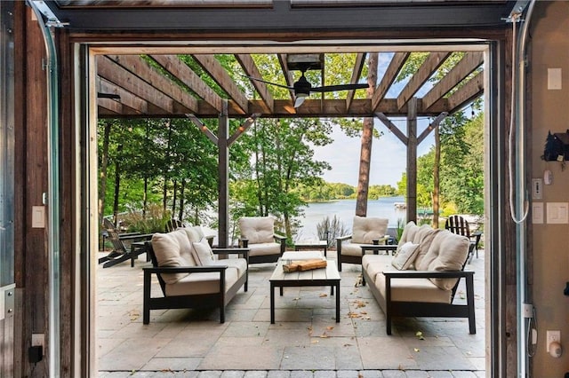 1211 172nd Ave, Balsam Lake, WI 54810 - view of patio featuring an outdoor hangout area, a pergola, and a water view