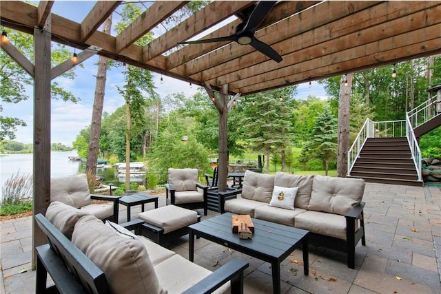 1211 172nd Ave, Balsam Lake, WI 54810 - view of patio featuring stairs, outdoor lounge area, a water view, a pergola, and view of scattered trees