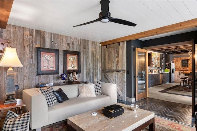 1211 172nd Ave, Balsam Lake, WI 54810 - living area with wooden walls, ceiling fan, and wood ceiling