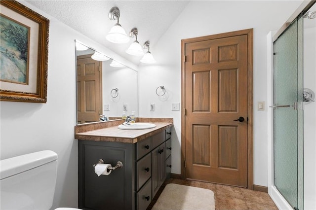 1211 172nd Ave, Balsam Lake, WI 54810 - full bath with vanity, a stall shower, vaulted ceiling, and tile patterned floors