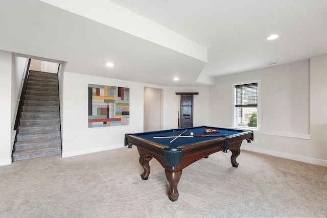 recreation room featuring recessed lighting, carpet flooring, and billiards