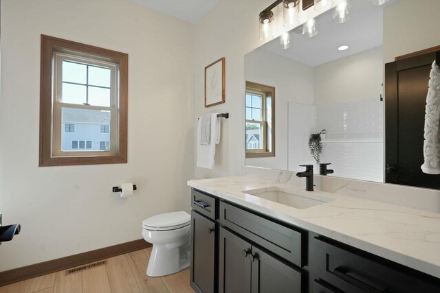 8437 Creek View Ln, Mount Pleasant, WI 53406 - bathroom with wood finished floors, vanity, baseboards, toilet, and visible vents