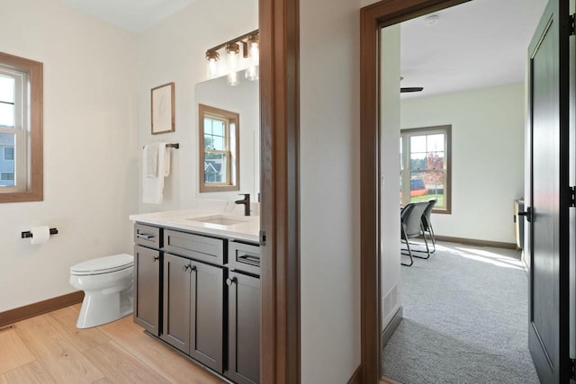 8437 Creek View Ln, Mount Pleasant, WI 53406 - bathroom with wood finished floors, vanity, baseboards, toilet, and visible vents
