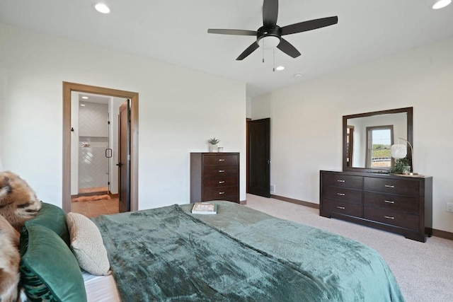 8437 Creek View Ln, Mount Pleasant, WI 53406 - bedroom featuring ensuite bath, ceiling fan, light colored carpet, baseboards, and recessed lighting