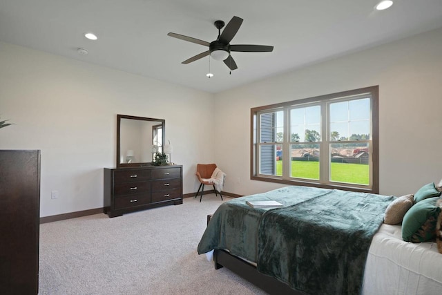 8437 Creek View Ln, Mount Pleasant, WI 53406 - bedroom with light colored carpet, baseboards, a ceiling fan, and recessed lighting