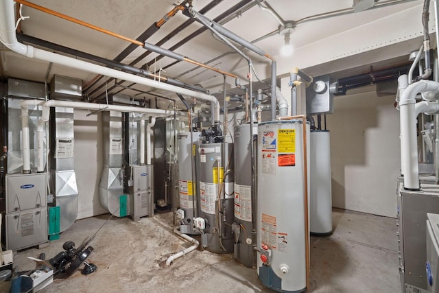 utility room featuring water heater and heating unit