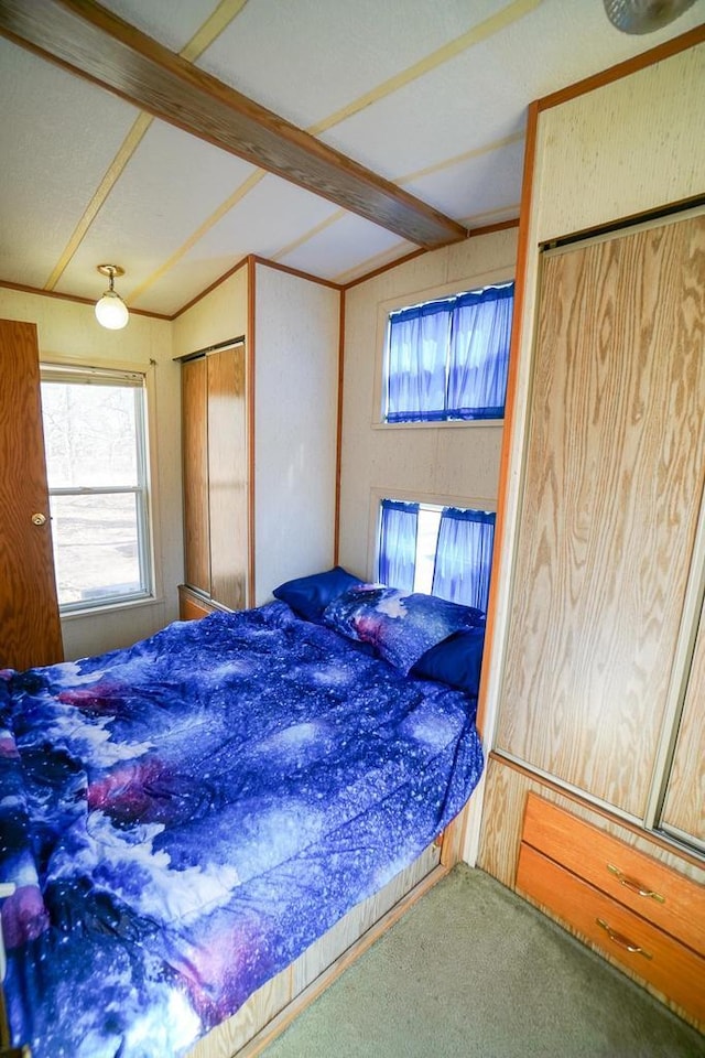562 Feather Trl, Nekoosa, WI 54457 - carpeted bedroom featuring lofted ceiling with beams and multiple windows