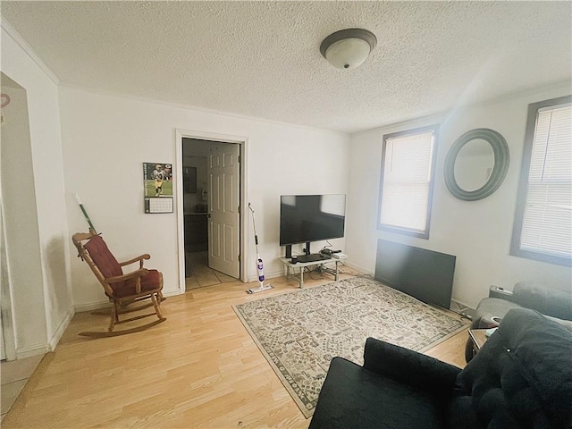 living room featuring a textured ceiling and light wood-style flooring