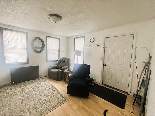sitting room featuring light wood-type flooring and a textured ceiling