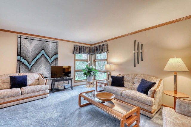carpeted living room with crown molding