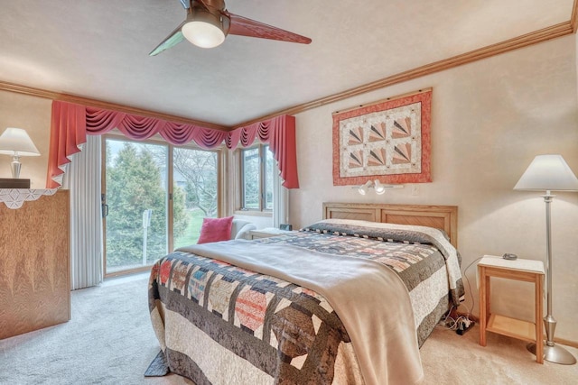 bedroom with light carpet, access to outside, ornamental molding, and ceiling fan